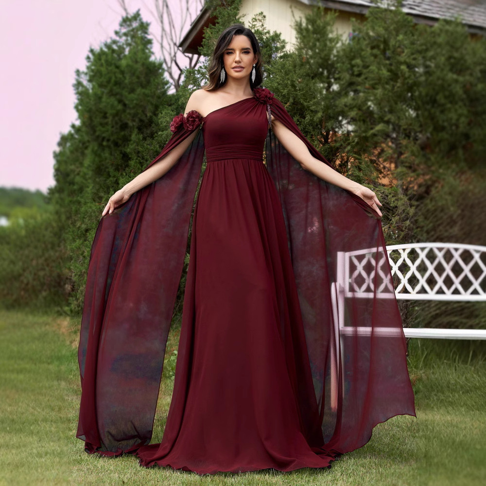 Women's Clothing Elegant Chiffon Sash A-Line Evening Dress Flowy Formal Gown For Banquet, Bridesmaid, Party (Deep Blue, Deep Red, Black, Red)_voghion.com