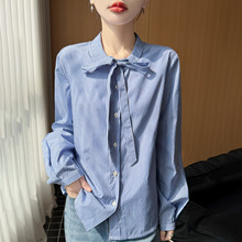 2026年春夏新款棉线圆领衬衫开衫长袖女飘带拼色竖条纹衬衣上衣