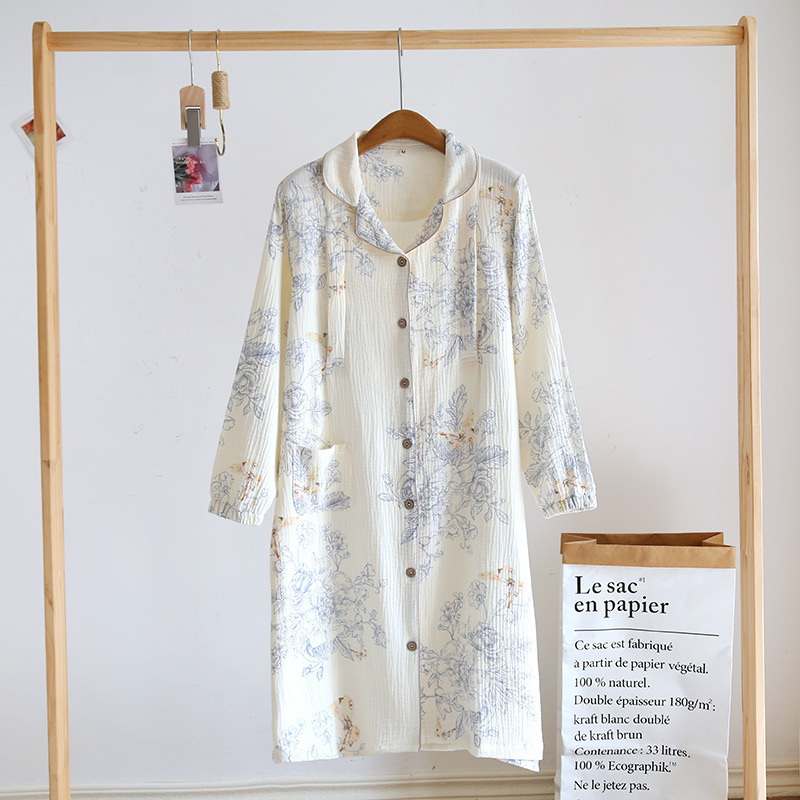 Crepe Cotton Lapel Nursing Nightgown Long Sleeve Neck with Nursing Mouth Cardigan Nursing Long Dress Pregnant Women's Home Dress