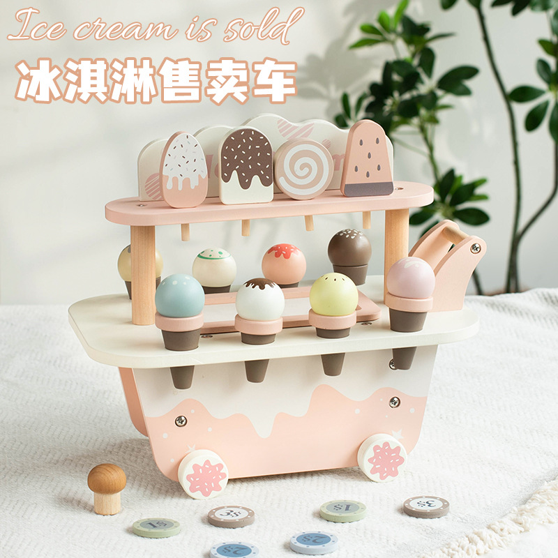 helado de madera vendedor de niños caseros juguetes de puzzle bebés simulación helado aristocrático danés coche de helado