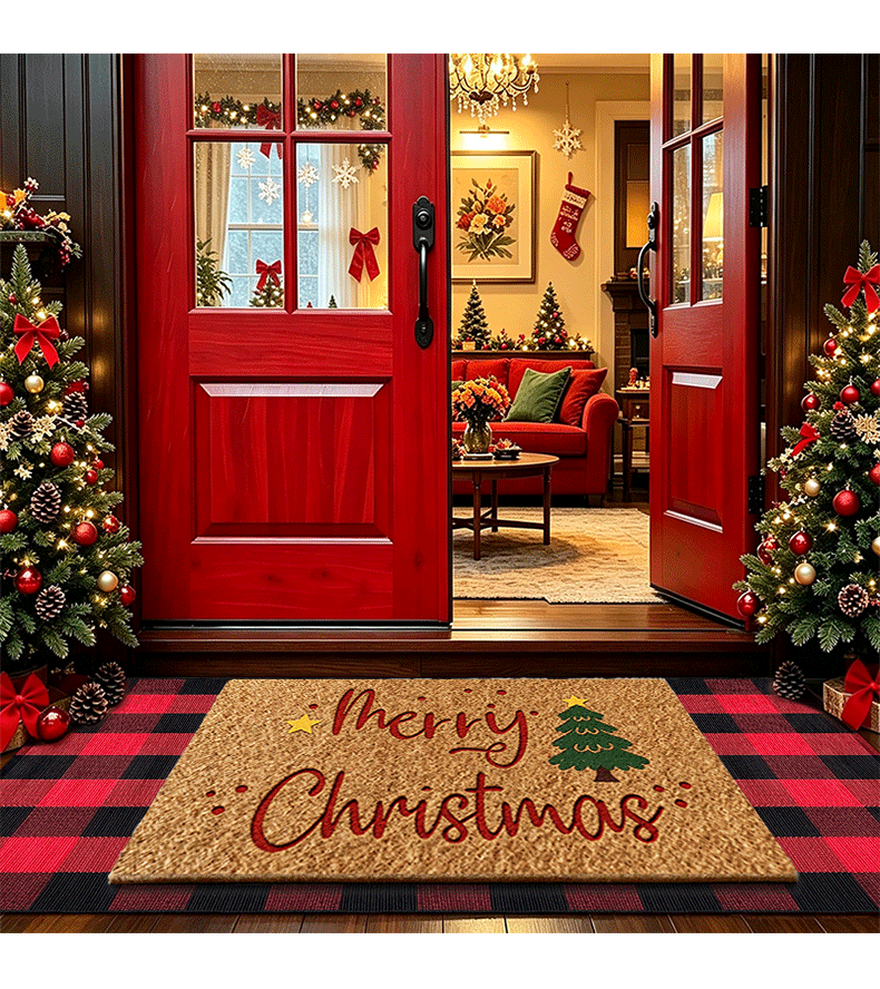 Imitation coconut palm floor mat set, color-woven plaid cotton kitchen absorbent doormat, Christmas style entrance mat for scraping off dirt