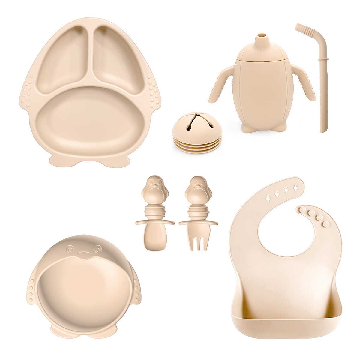2024 nuevos productos para niños platos de silicona cubiertos suplemento platos cucharas pingüino platos de ocho piezas conjunto de suministros para madre y bebé