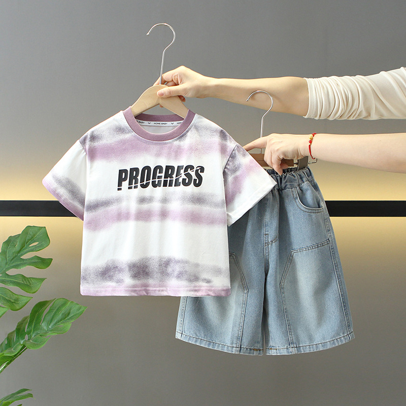 7915 traje de jeans de verano para niños 2025 nueva ropa de moda para bebés ropa para niños de dos piezas de verano