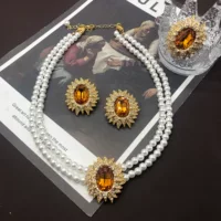 Проволоко design ожерелье и серьги из солнечной батареи из жемчуга, кольцо, набор, с камнем