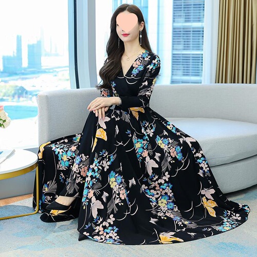 Spring and autumn long-sleeved women's dress V-neck printed slimming fashionable temperament middle-aged and old mother women's dress