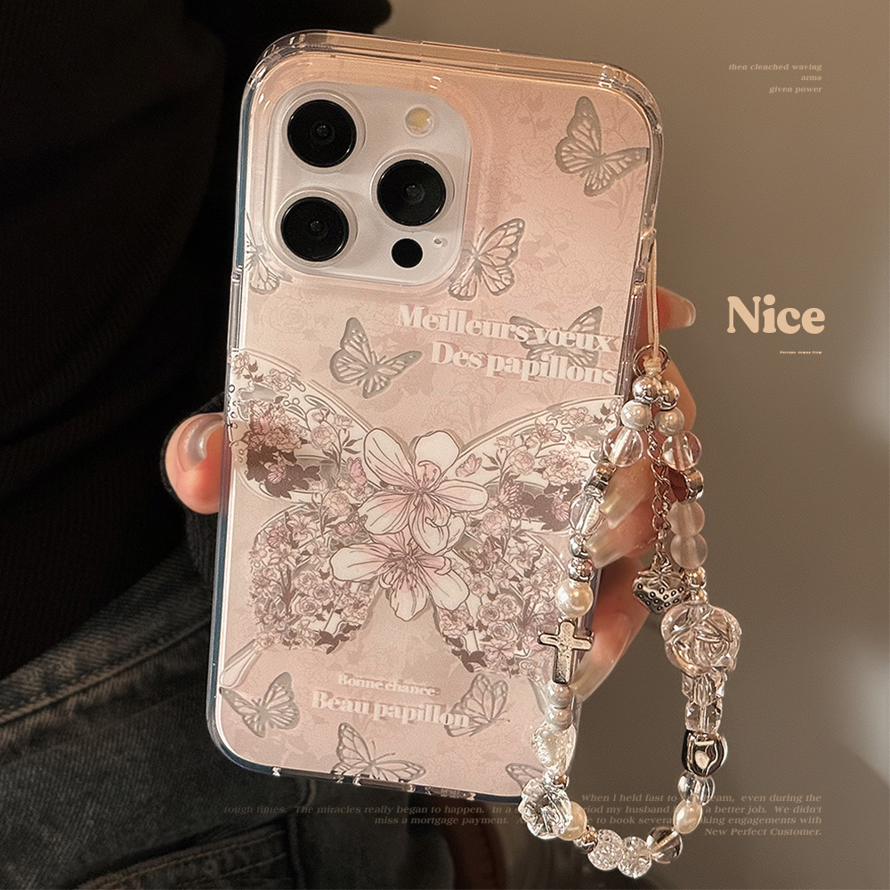 Funda con cordón para iPhone 15 con diseño de mariposa rosa de ensueño de doble capa, adecuada para 17 Pro Max, 16, Apple 14, 11 fairy