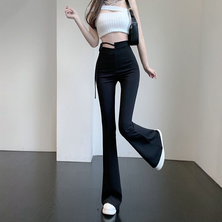 Irregular High-Waisted Flared Pants for Women, Spring and Summer, Tie-Waist, Slim-Fit, Black Casual Floor-Length Pants, Trendy