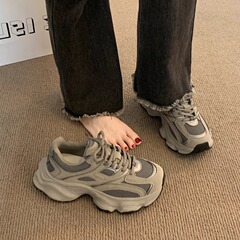 牛皮版~复古厚底灰色老爹鞋女款秋冬网面透气显脚小休闲运动鞋女