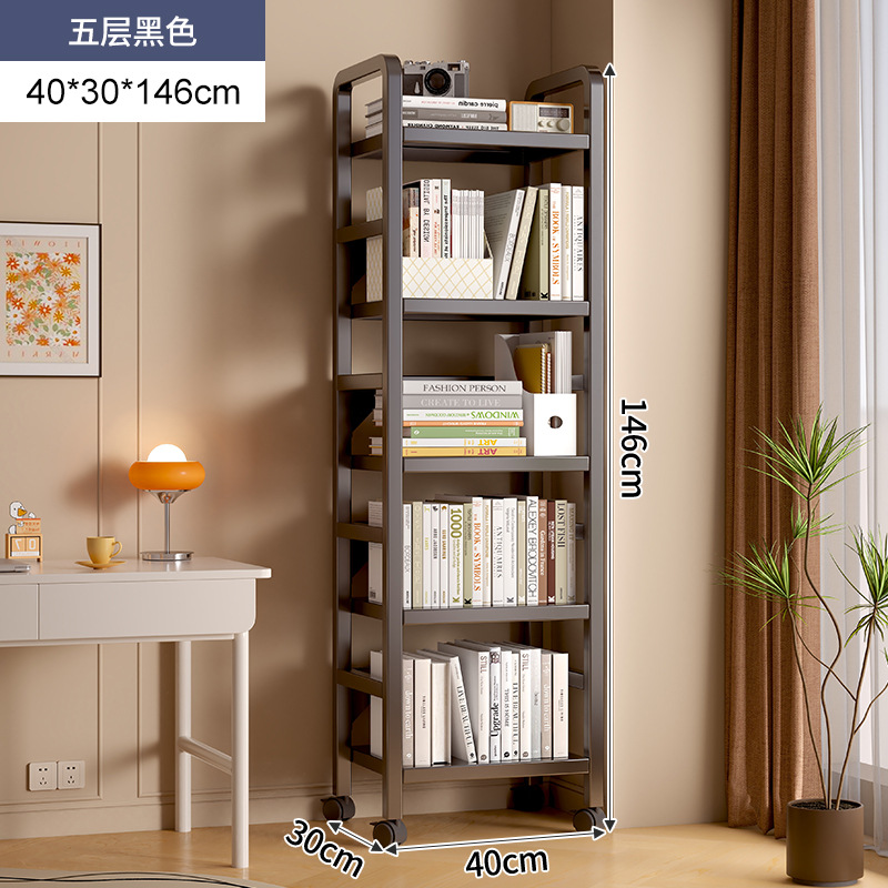 Estante de libros de hierro forjado estante de almacenamiento de piso multicapa polea móvil pequeño estante de libros junto al escritorio simple pared estrecha gabinete de almacenamiento