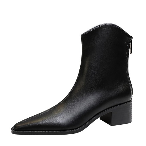 578-2 European and American Style Retro Simple Chunky Heel Mid-Heel All-Match Women's Boots Short Boots Pointed Toe Back Zipper Winter Ankle Boots