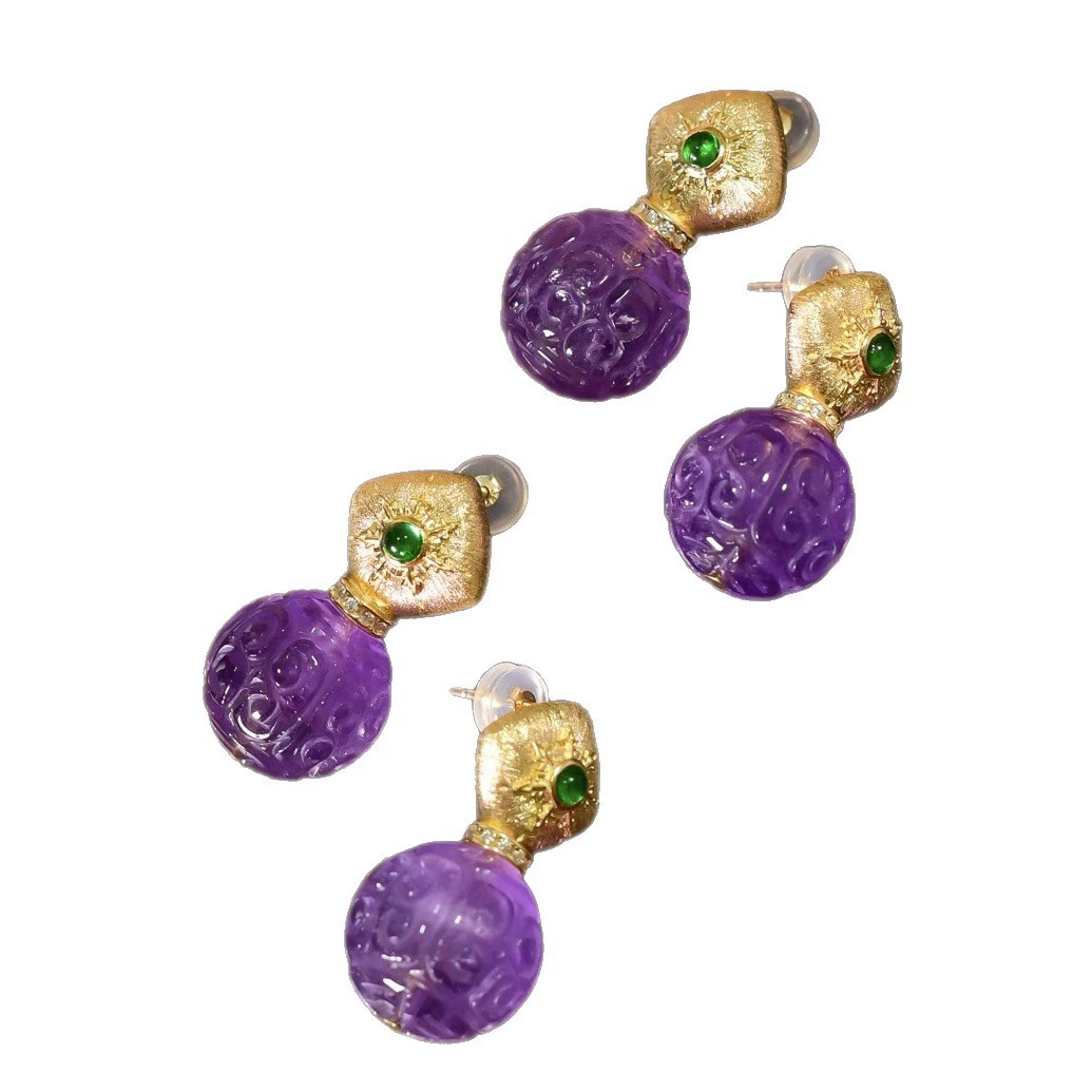  organically carved earrings with amethyst, silver 925 sample, simple and elegant design