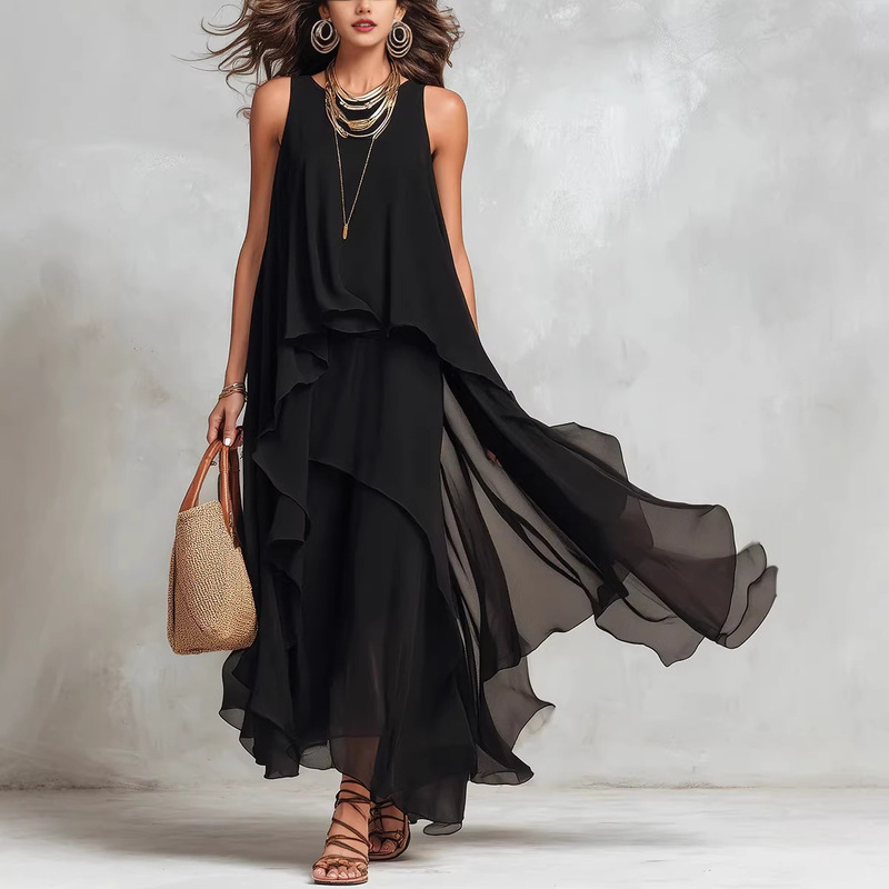 2026 Summer Black European and American Style Women's Fashion Flowing Irregular Dress Sleeveless Vest Long Dress Elegant 2026 Summer Black European and American Style Women's Fashion Flowing Irregular Dress Sleeveless Vest Long Dress Elegant