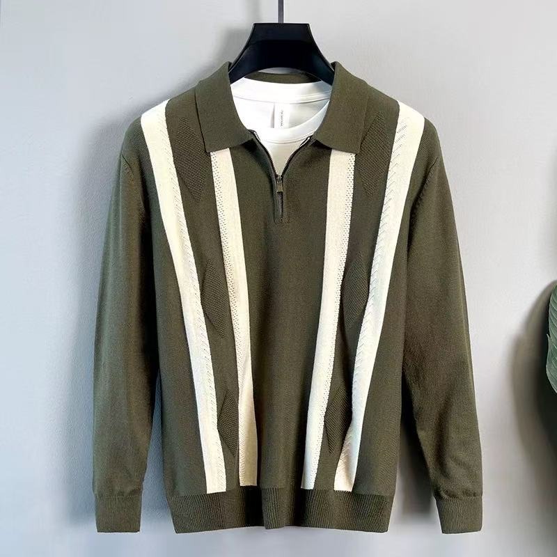 Men’s Half-zip Striped Knitted Polo Shirt Warm Autumn Winter Top_voghion.com