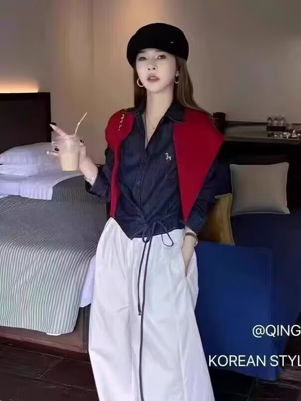 韩系翻领刺绣不规则牛仔衬衫带披肩2025秋季新款女设计感洋气上衣|undefined