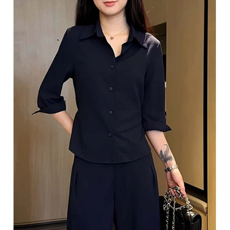 老钱风翻领七分袖藏蓝色衬衫女2025年秋季新款小个子时尚休闲上衣|undefined