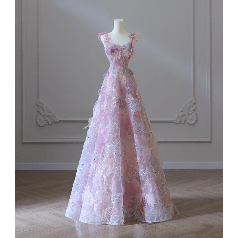 Flores púrpura vestido de brindis 2025 nuevo otoño industria pesada mujer lujoso anfitrión vestido de fiesta de cumpleaños
