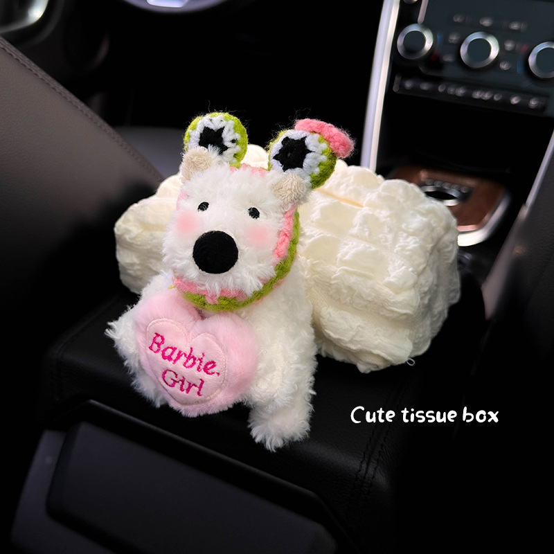 Caja de reposabrazos Caja de pañuelos Caja de dibujo para coche 2024 Nueva muñeca West Highland Decoración de coche Bolsa de pañuelos Mujer linda