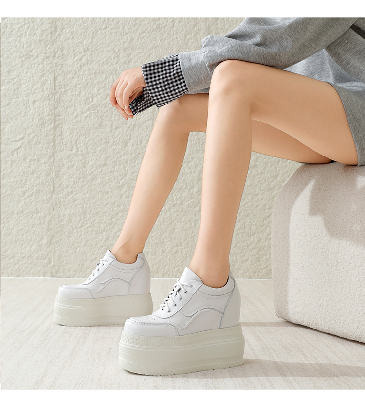 Giày trắng da thật tăng chiều cao 12cm, đế xuồng platform đa năng — Trắng đen-10 chi tiết 5