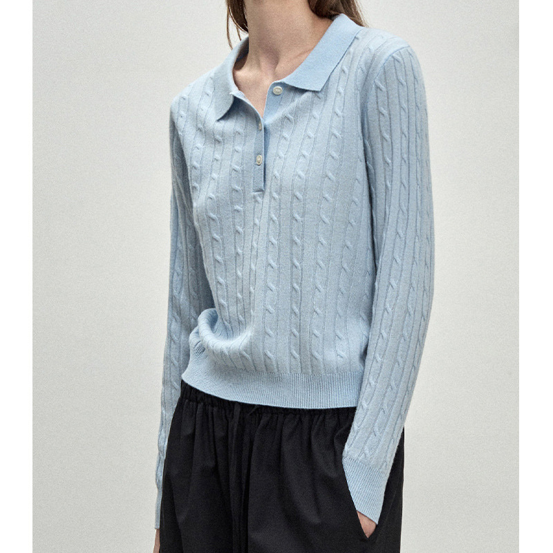 【BW Order】Cashmere Wool Cable Knit Polo Collar Casual Simple Silhouette Sweater for Women, New Autumn/Winter Knitwear 【BW Order】Cashmere Wool Cable Knit Polo Collar Casual Simple Silhouette Sweater for Women, New Autumn/Winter Knitwear