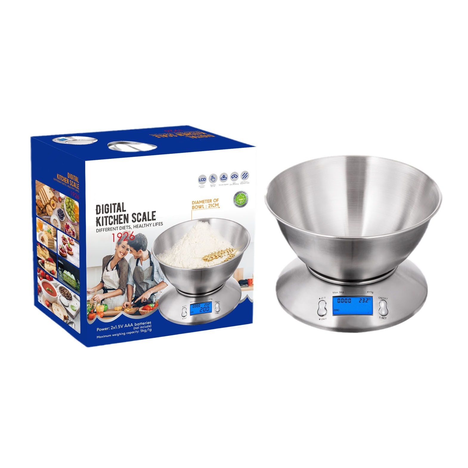 Cocina de acero inoxidable báscula electrónica LCD pantalla grande con función de peeling báscula de gramos de precisión Bowl Food Scale