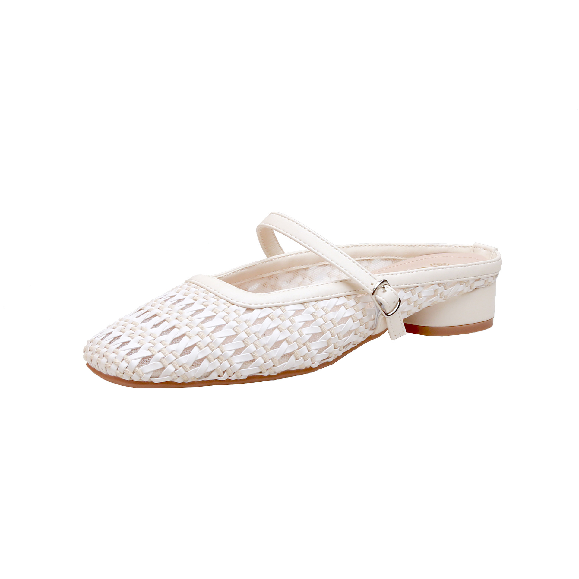 Sandalias Mules de Tacón Ancho de Microfibra Punta Cuadrada Tejida Calada para Uso Diario y Exterior