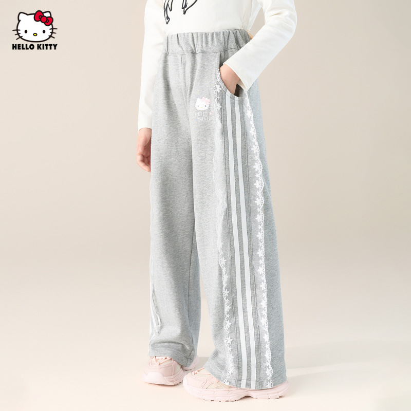 HelloKitty凯蒂猫女童秋季卫裤2025新款蕾丝花边中大童装阔腿裤子|undefined