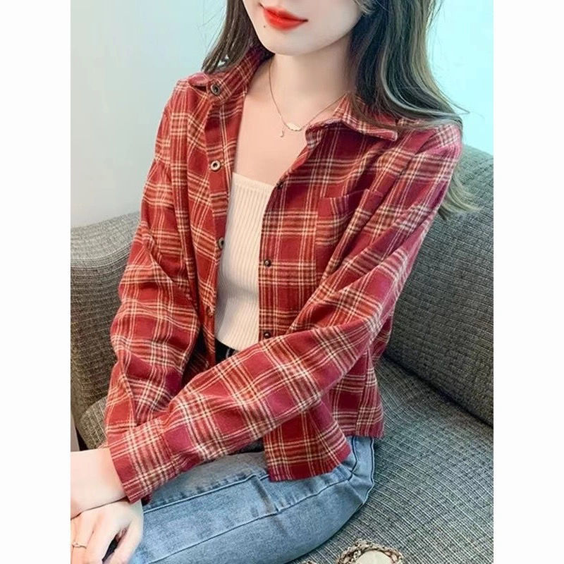 磨毛格子衬衫女款外套小个子春秋2025新款设计感小众复古短款衬衣|undefined
