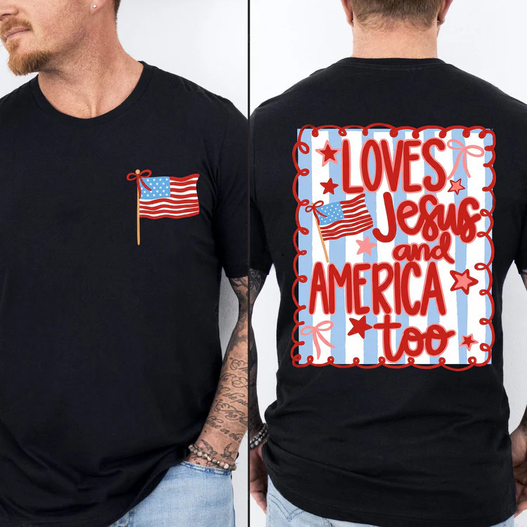 Love Jesus and America Dark-Colored Shirt with Pocket on the Back, Patriotic Fourth of July T-Shirt, Vintage Half-Fifth Century Style Love Jesus and America Dark-Colored Shirt with Pocket on the Back, Patriotic Fourth of July T-Shirt, Vintage Half-Fifth Century Style