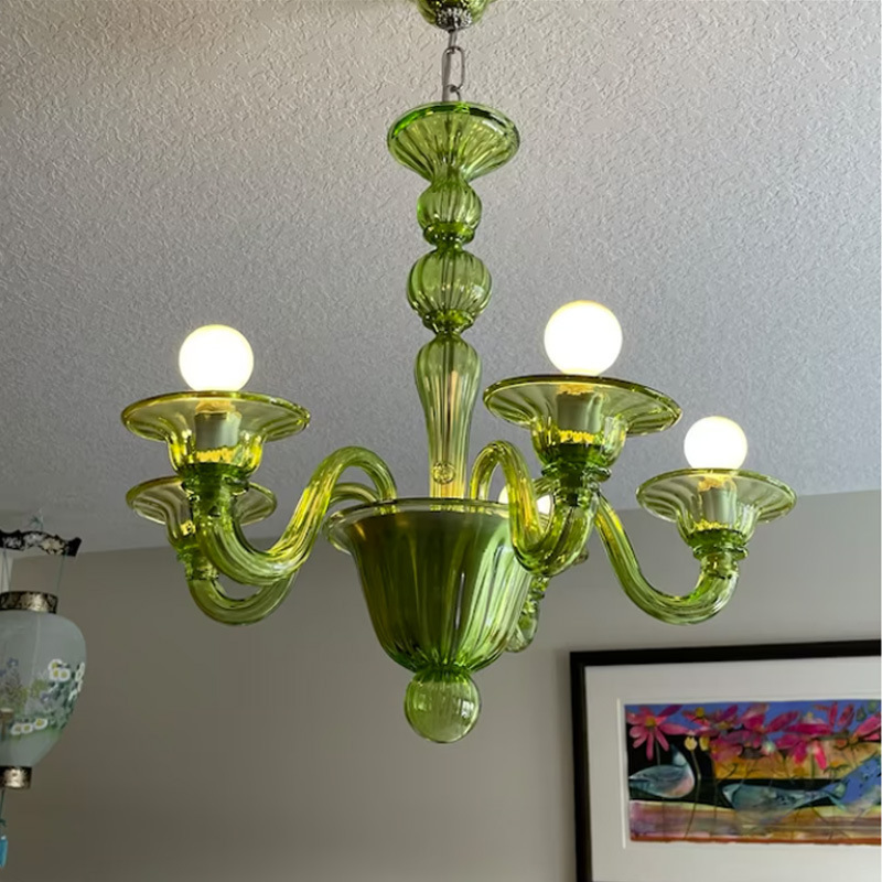 复古法式蜡烛吊灯绿色中古玻璃美式香槟色优雅餐厅客厅卧室灯具