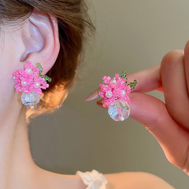 Pendientes de flores de color dopamina de verano Pendientes de todo fósforo de nicho fresco Pendientes de lujo de alta gama de moda al por mayor