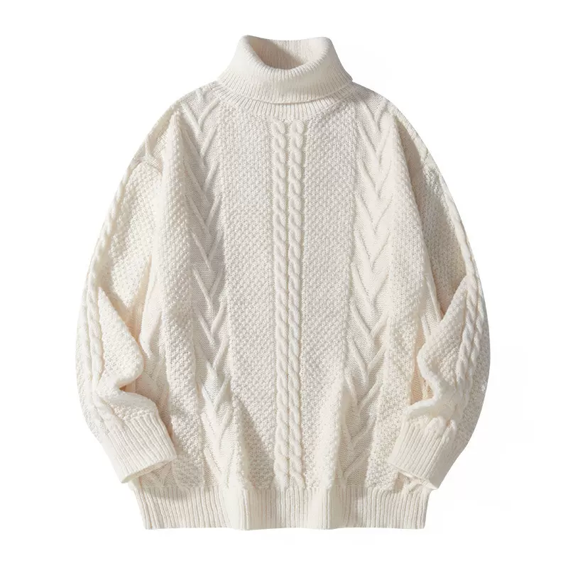 2022秋冬新款男士时尚纯色提花针织衫高领防寒保暖简约加厚毛衣