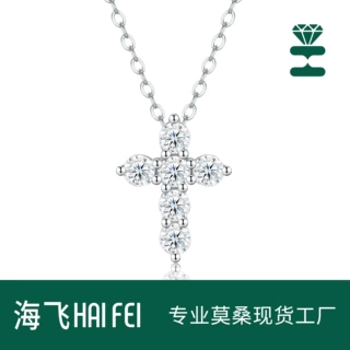 S925银十字架项链女精工镶嵌莫桑石锁骨链ins风轻奢百搭首饰跨境