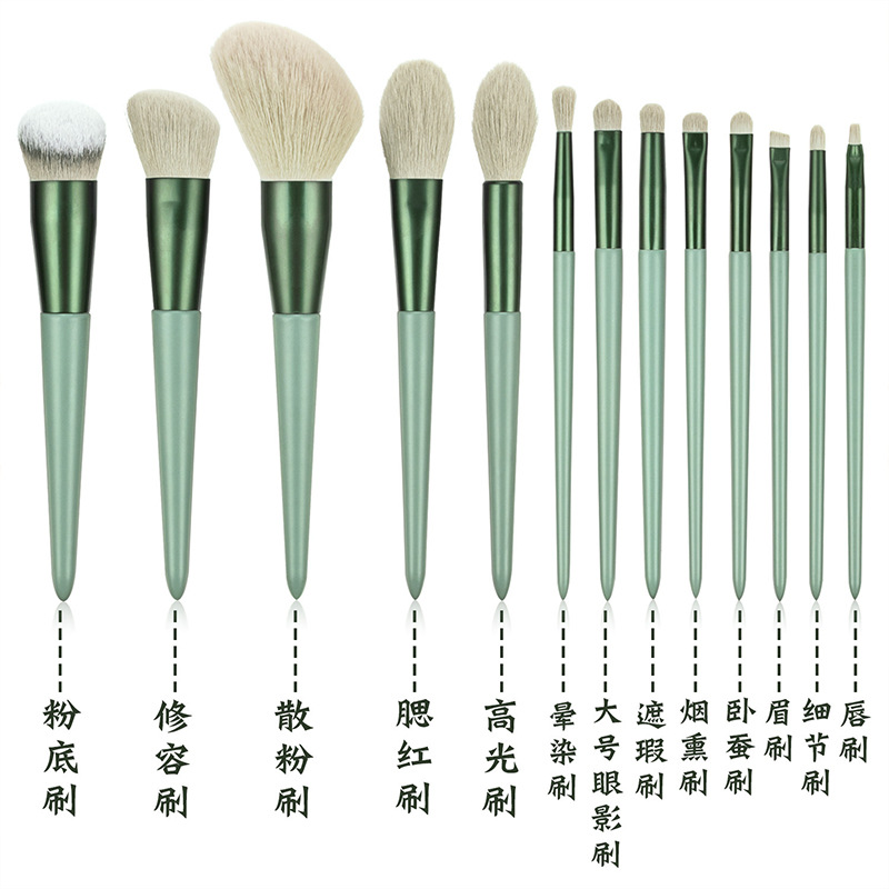 Brochas de maquillaje Fenglida al por mayor, 13 piezas, mango de madera verde claro y rosa, brocha para polvos, brocha para sombra de ojos, brocha de belleza, set de herramientas de maquillaje