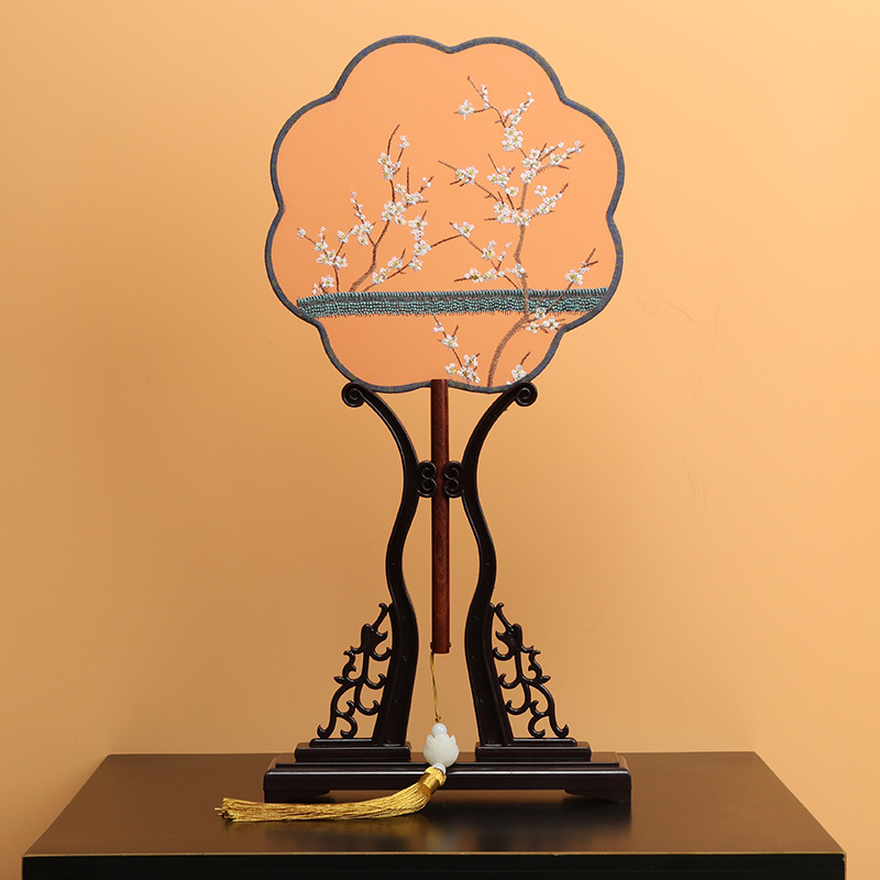 Estilo antiguo translúcido abanico redondo de mango largo bordado abanico redondo corte clásica abanico de bordado femenino estilo chino ventilador de la danza al por mayor