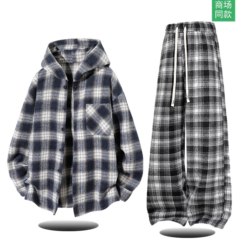 Nasa Large Size Hooded Plaid Woolen Shirt Suit Men's Autum Sports Casual Shirt and Sweatpants Two-Piece Set for Men Nasa Large Size Hooded Plaid Woolen Shirt Suit Men's Autum Sports Casual Shirt and Sweatpants Two-Piece Set for Men