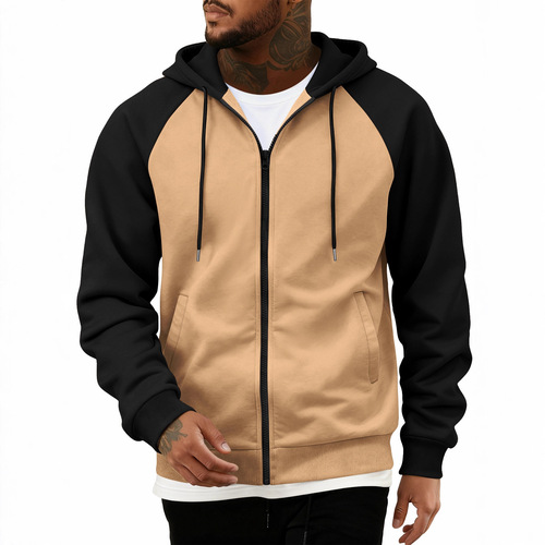 Autumn and winter new arrival: color-block zip-up cardigan, fleece-lined hoodie for men, plus-size casual hooded top, men's clothing.