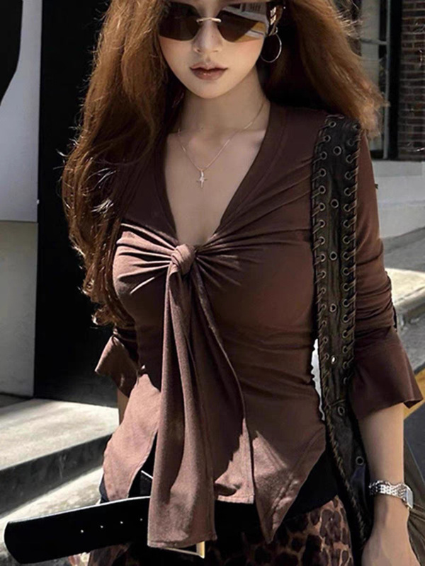 美拉德扭结绑带长袖打底T恤女春秋新款高级感修身显瘦内搭上衣潮|undefined