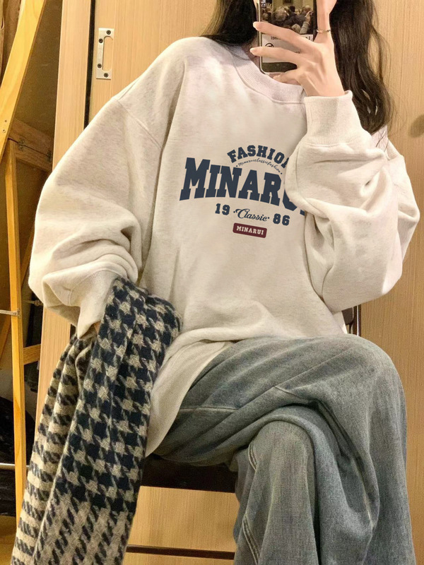 ヨーロッパラウンドネックベルベット厚みのあるフラワーグレースウェットシャツ女性の秋と冬ルーズオーバーサイズ中国風ヘビーコットントップ|undefined
