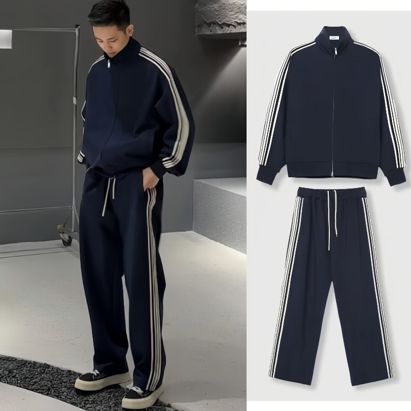 Men's Autumn New Sports Casual suit Trendy Loose Two-piece Striped Fashion Jacket Straight Pants for Men