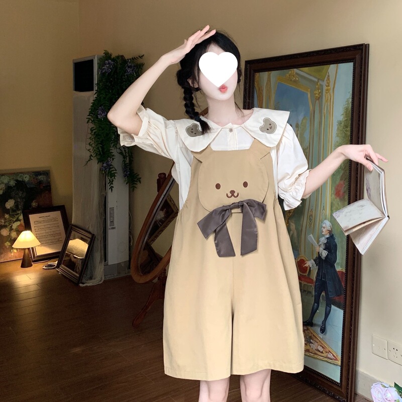 Plus-Size Summer New Korean-Style Cute Age-Reducing Bear Overalls Maternity Overalls Summer Base Shirt Two-Piece Set Plus-Size Summer New Korean-Style Cute Age-Reducing Bear Overalls Maternity Overalls Summer Base Shirt Two-Piece Set