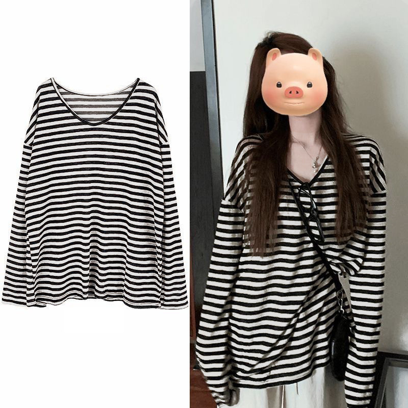 Spring and Autum Thin Lazy Style Retro Stripesd Elegant Fashion T-Shirt Women's Loose Mid-Length Sun Protection Blouse Top