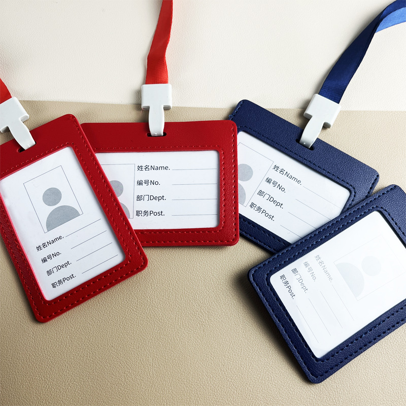 LOGO enviar tarjeta de papel de impresión listado titular de la tarjeta al por mayor En stock titular de la tarjeta de permiso de trabajo de cuero pu con cordón se puede personalizar