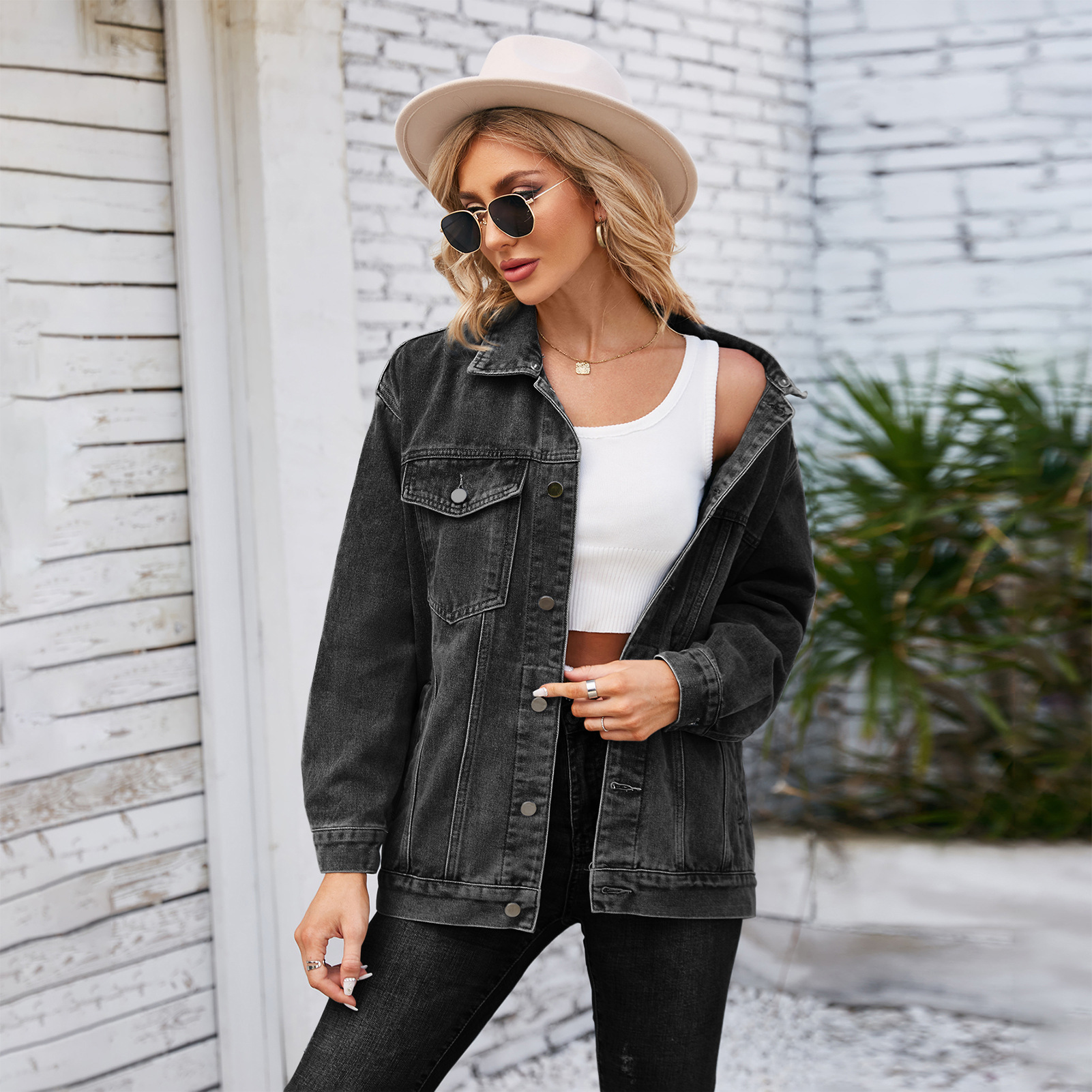805g Weight Denim Jacket Outerwear Type Long Sleeve Sleeve Length Single Breasted Placket Type Denim Fabric Type Long Top Length Casual Occasion Turndown, Hooded Neckline Loose Fit Type Color Block Pattern Spring, Autumn Season Women's Gender Streetwear Style Women's Streetwear Color Block Single Breasted Denim Jacket 5
