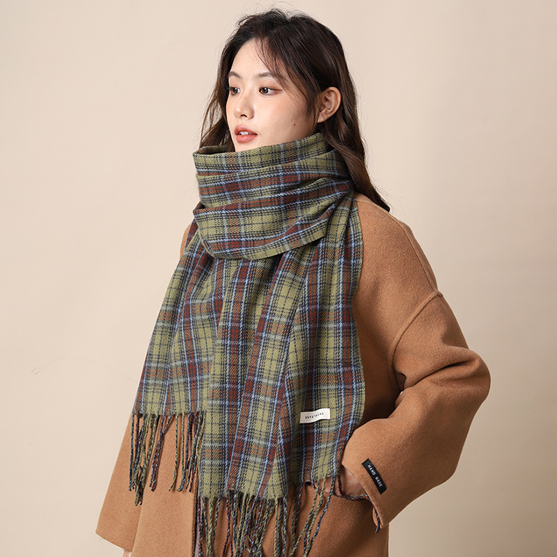 Neues grün kariertes Tuch im koreanischen Stil für Damen, vielseitig einsetzbar im Herbst und Winter, individuell und hochwertig, warmer Schal_voghion.com