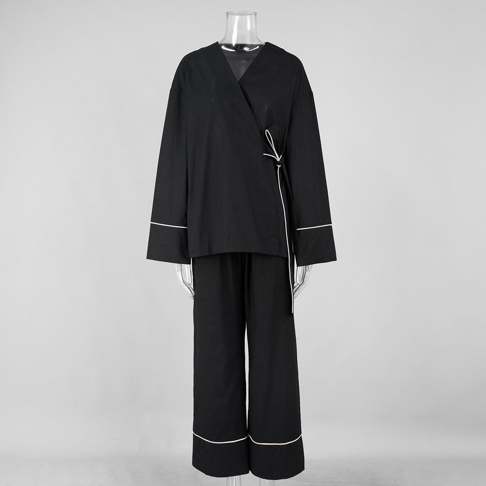 Bộ đầm hai món nữ áo cardigan cổ chữ V dài tay phối quần ống rộng — Màu be, Xanh lá cây, màu đen chi tiết 14