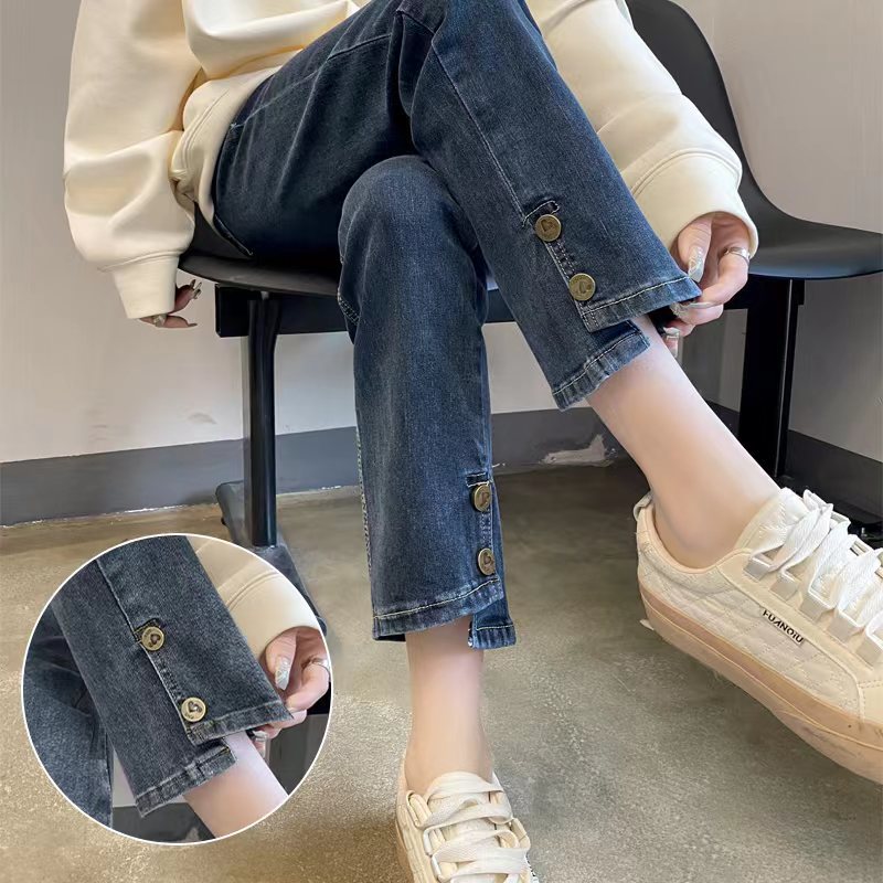 直筒牛仔褲女2023秋冬加絨加厚新款高腰顯瘦小個子九分煙管褲子女