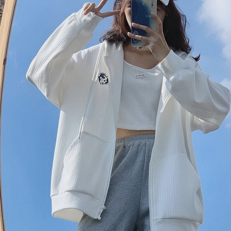 Waffle Knitted Sweatshirt Women's Two-Piece Spring and Autumn New Loose Casual Small Hooded Cardigan Jacket