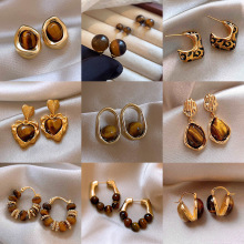 银针爱心几何人造虎眼石款耳钉复古美拉德耳环轻奢高级感耳饰批发
