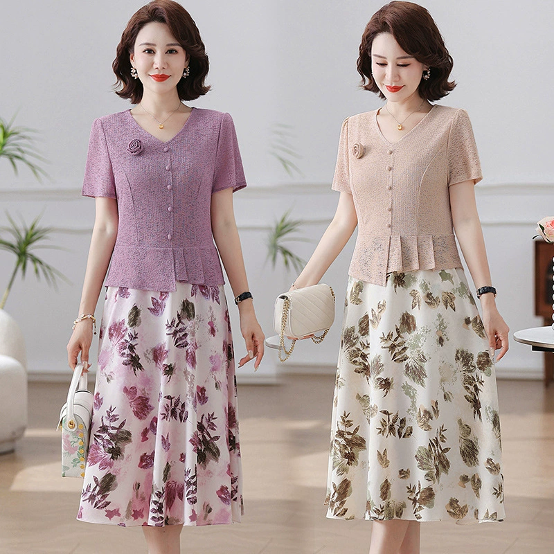 Молодая мама летнее модное платье 2025 новая женщина среднего и пожилого возраста благородная с короткими рукавами поддельная юбка из двух частей