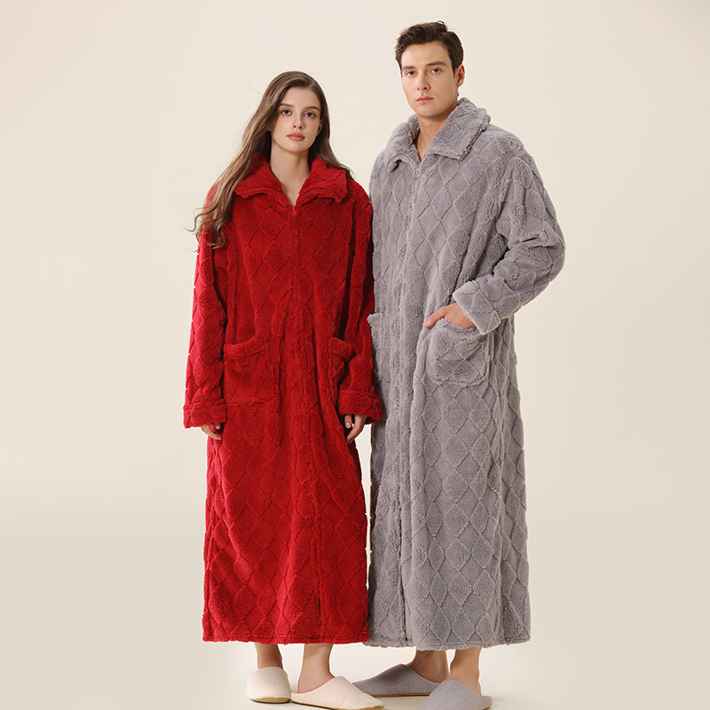 冬季新款女舒棉绒长袖棱形格提花睡袍加厚保暖长款浴袍家居服批发